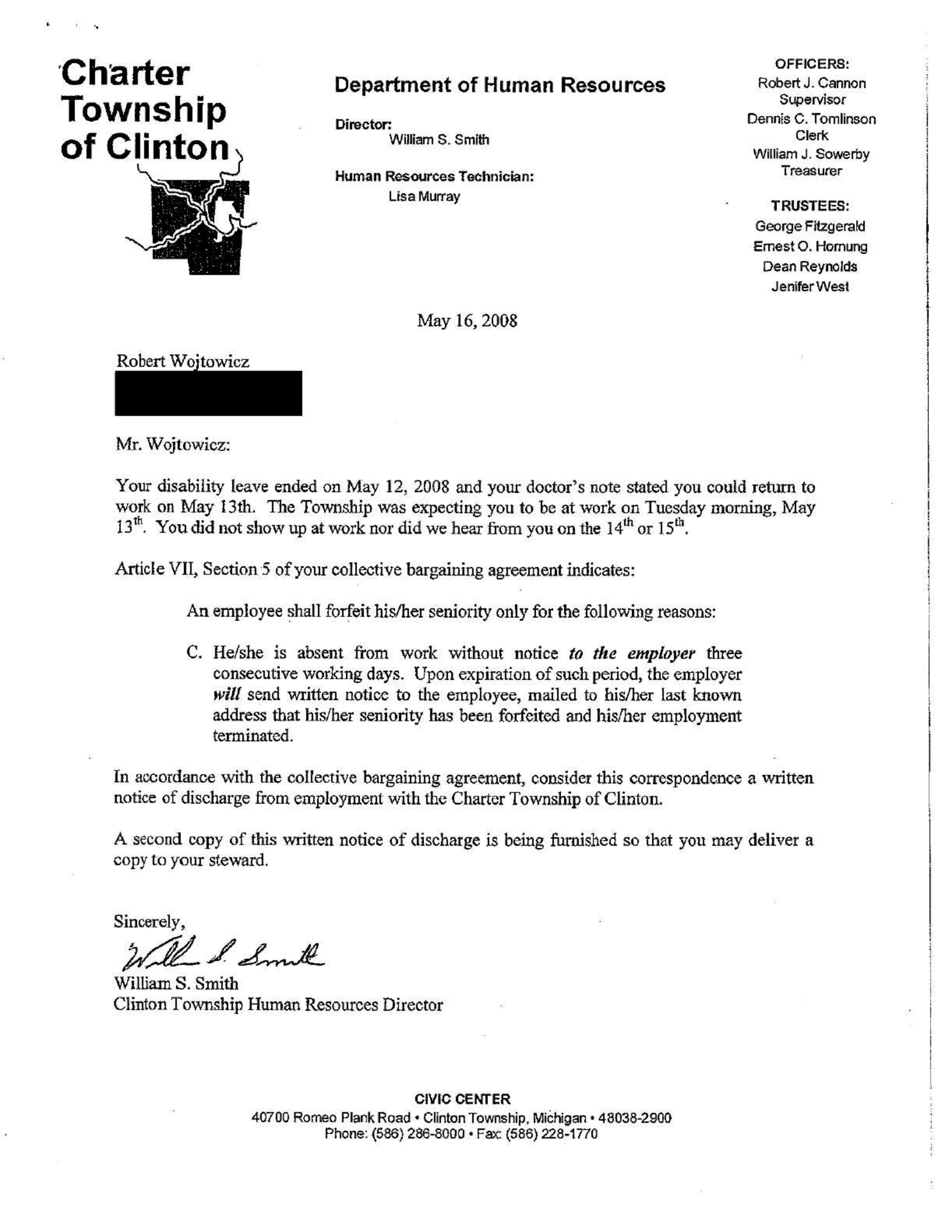 Clinton Township Human Resources letter dated May 16, 2008 concerning Robert Wojtowicz employment status